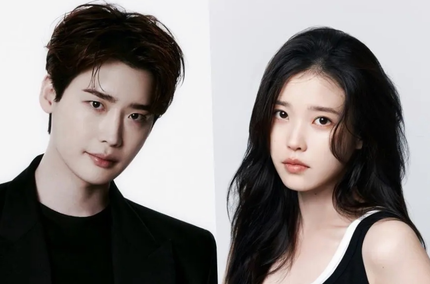 IU and Lee Jong suk are standing in model style and both are shown in one frame