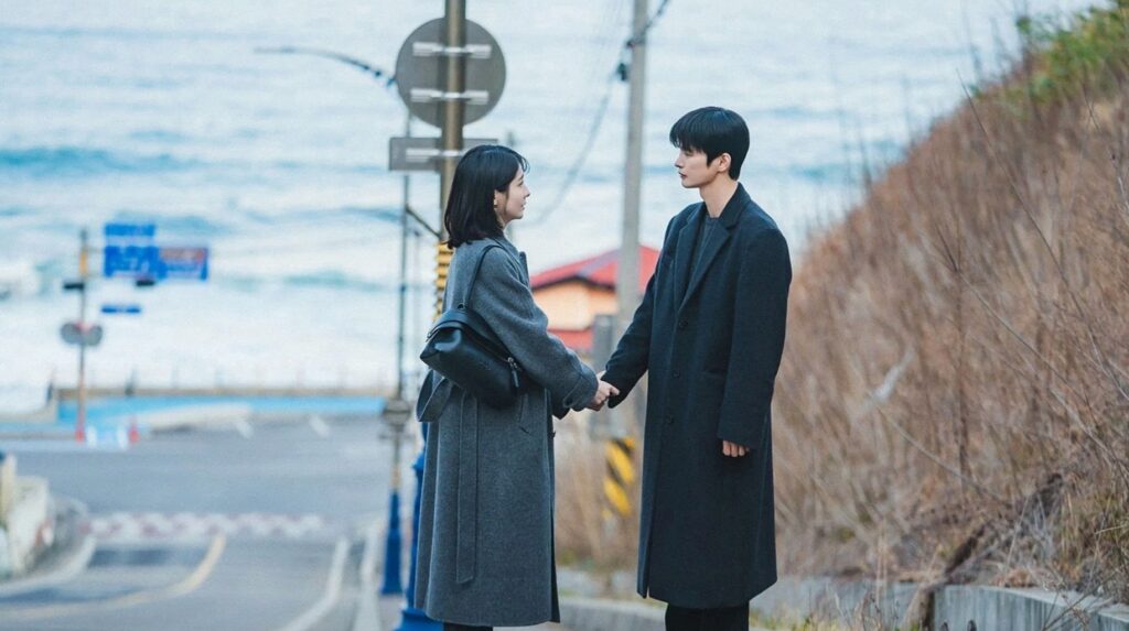 The romantic moment between the leads of See You at Work Tomorrow